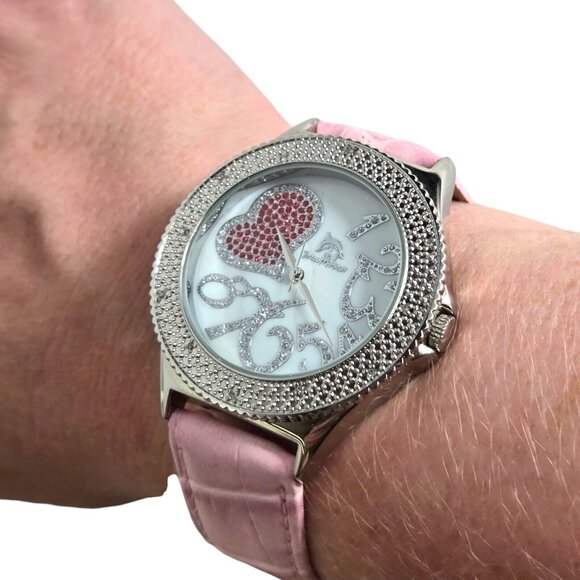 Techno Master Womens Pink Heart Diamond Dial Pink Leather Band Watch TM2135 Rare - Picture 2 of 10